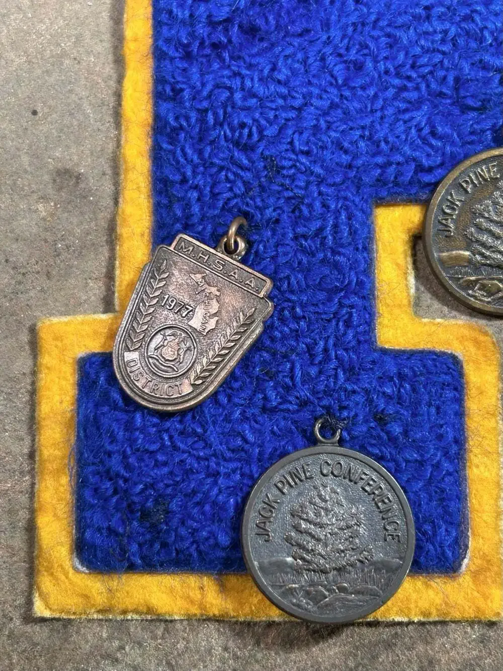 Vintage Blue And Yellow R Chenille Varsity Letter with sports pins 1980